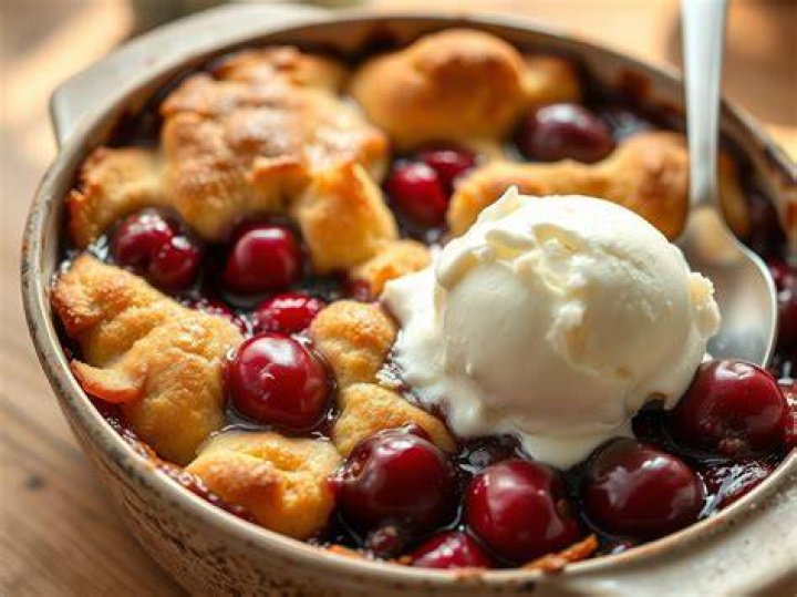 Cherry cobbler step by step recipe photo collage: cobbler topping in a bowl, cherry filling in a bowl, uncooked cobbler in a baking dish.